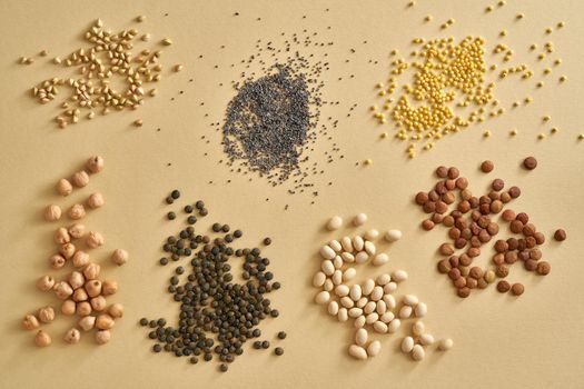 Poppy seeds, millet, buckwheat and other gluten free grains and legumes on beige background, top view