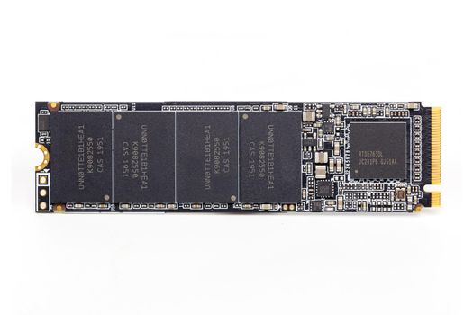 Non-Volatile Memory Next Generation Form Factor solid state drive 2280 3Dnand Single-Level Cell drive stick isolated on white background in flat lay perspective