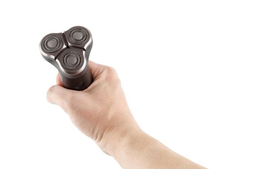 bare caucasican hand holding three razor head black electric shaver - isolated.