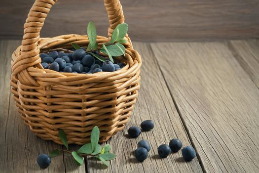 Wild forest blueberries in a small basket on a wooden table.