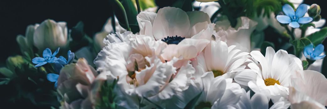 Flower bouquet on black background, beautiful floral arrangement, creative flowers and floristic design ideas