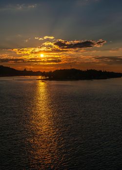 Kyiv, Ukraine 07.11.2020. View of  the Dnieper river in Kyiv, Ukraine, on a sunny summer evening