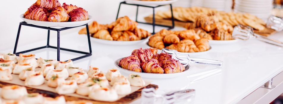 Pastry, cookies and croissants, sweet desserts served at charity event - food, drinks and menu concept as holiday background banner for luxury brand design