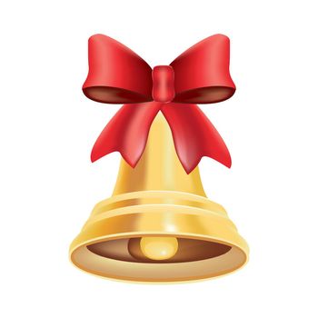 Gold metal bell with red bow. Christmas symbol, school bell. 3D effect. Illustrations