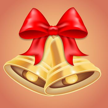 Gold metal bell with red bow. Christmas symbol, school bell. 3D effect. Illustrations