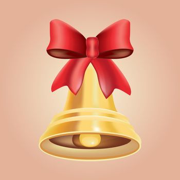 Gold metal bell with red bow. Christmas symbol, school bell. 3D effect. Illustrations