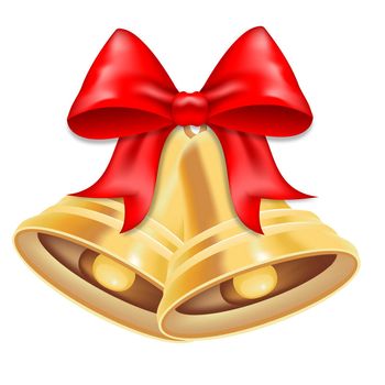 Gold metal bell with red bow. Christmas symbol, school bell. 3D effect. Illustrations