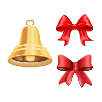 Gold metal bell with red bow. Christmas symbol, school bell. 3D effect. Illustrations