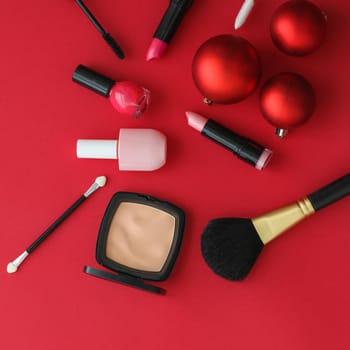 Cosmetic branding, fashion blog cover and girly glamour concept - Make-up and cosmetics product set for beauty brand Christmas sale promotion, luxury red flatlay background as holiday design