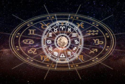 Astrological zodiac signs inside of horoscope circle. Astrology, knowledge of stars in the sky over the milky way and moon. The power of the universe concept.