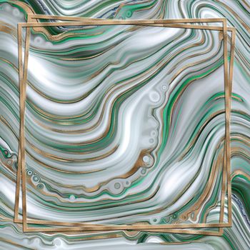 Abstract trendy green background template. Liquid marble agate abstract design with gold waves texture. Gold frame.Cover, invitation, banner, placard, brochure, poster, card, flyer. Illustration