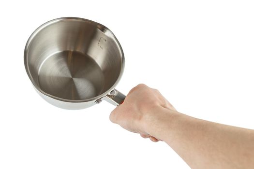 bare caucasian hand holding small shiny stainless steel pot - isolated on white background