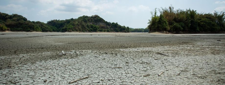 Drought lake and land in Guantian, Tainan, Taiwan. Water shortage concept.