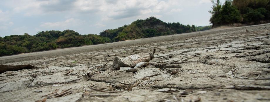 Drought lake and land in Guantian, Tainan, Taiwan. Water shortage concept.