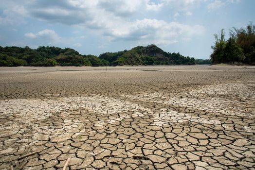 Drought lake and land in Guantian, Tainan, Taiwan. Water shortage concept.