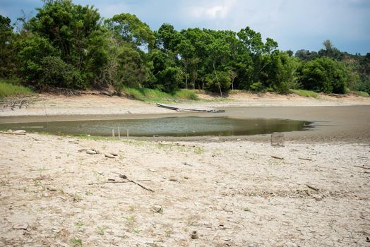 Drought lake and land in Guantian, Tainan, Taiwan. Water shortage concept.