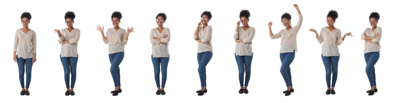 Set of full length portraits of smiling african student girl business woman in glasses isolated on white background