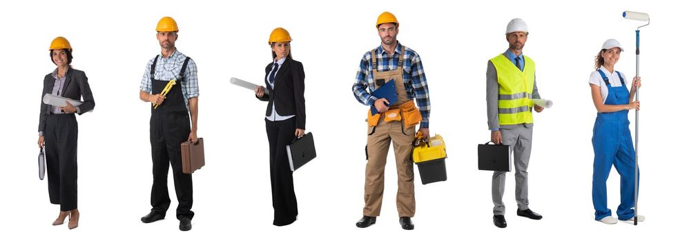 Set of full length portraits of professional workers business people architects isolated over white background