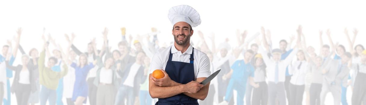 Portrait of happy male cook and crowd of people with raised arms isolated on white background food industry concept