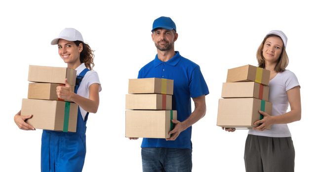Portrait of delivery people isolated on white background