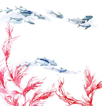 Watercolor illustration of seaweed and floating fishes