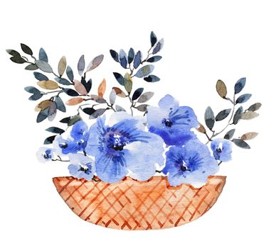 Watercolor illustration of blue flowers in wooden wicker basket on white background. Design for greeting card, invitation or cover.