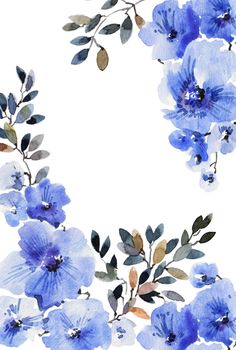 Watercolor illustration of blue flowers and leaves on white background. Design for greeting card, invitation or cover.