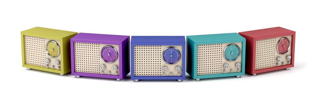 Colorful retro radios on white background
