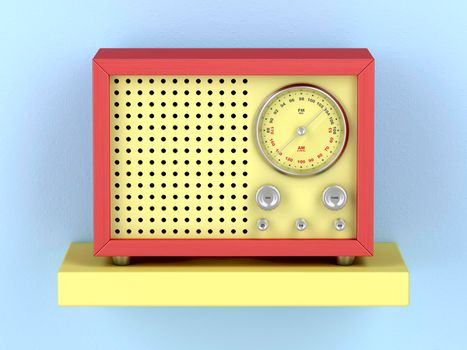 Colorful retro radio on shelf, front view