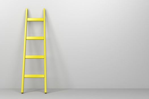 Yellow ladder leaning against the gray wall, front view