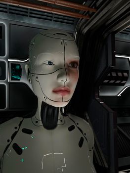 Cyborg woman in futuristic space corridor - 3d rendering