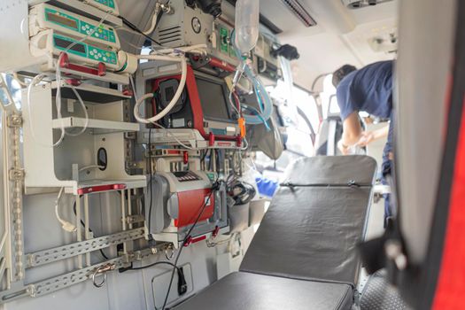 A medical device installed inside a medical helicopter. Used for emergency evacuation