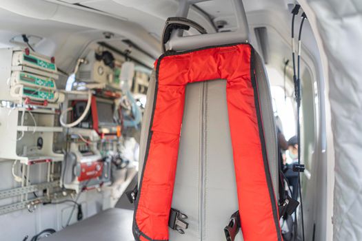 A medical device installed inside a medical helicopter. Used for emergency evacuation