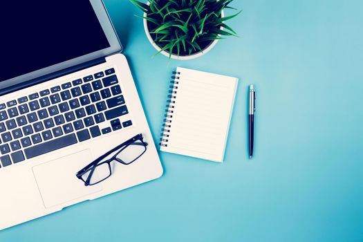 Flat lay of Laptop computer and plant and pen on desk in office, workplace and notebook and glasses and potted tree and book, workspace and copy space, top view, object with above, business concept.