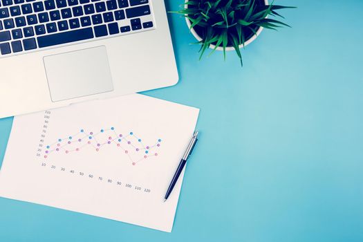 Laptop computer and documents report statistic financial with graph and chart and potted tree on desk, finance and invest, digital marketing and growth of revenue, business and communication concept.