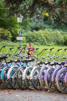 Row of bikes in rental agency, city mobility