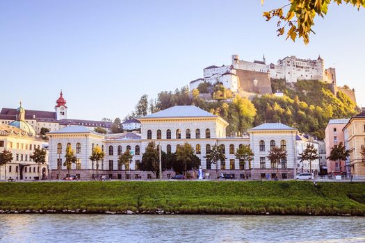 Idyllic panoramic city landscape of Salzburg in Summer