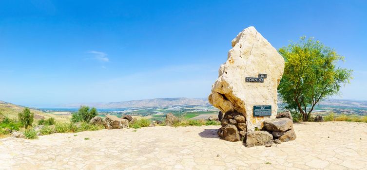 Menahamiya, Israel - April 21, 2021: Monument to prime minister Levi Eshkol, and panoramic view of the Sea of Galilee and the Lower Jordan River valley. Northern Israel