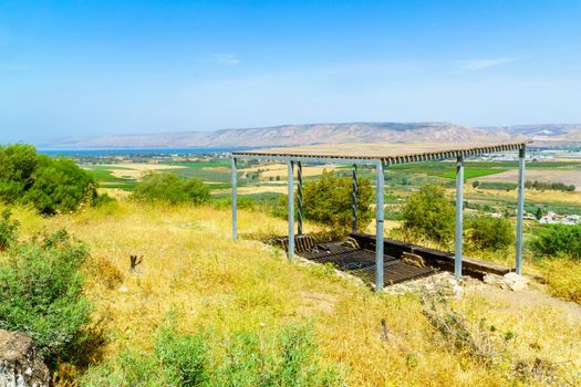 View of the Sea of Galilee, the Menahamiya Observatory, and the Lower Jordan River valley. Northern Israel