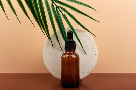 Still life with skin serum in dark bottle with round gypsum circle with palm leaf on dark brown table against beige background. Concept of skin care and beauty treatment 