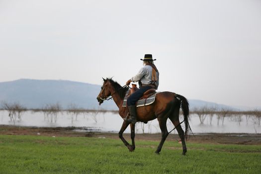 cowboy on horseback against a beautiful sunset, cowboy and horse at first light,mountain, river and lifestyle with natural light background	
