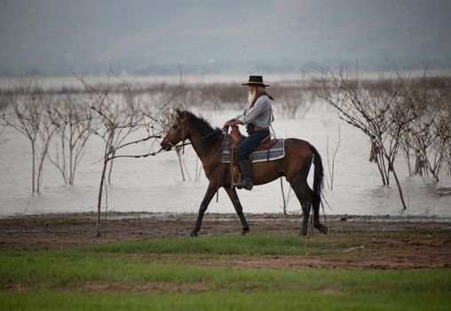 cowboy on horseback against a beautiful sunset, cowboy and horse at first light,mountain, river and lifestyle with natural light background	
