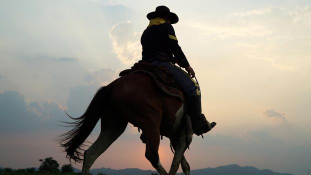cowboy on horseback against a beautiful sunset, cowboy and horse at first light,mountain, river and lifestyle with natural light background	
