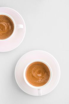 Drinks menu, italian espresso recipe and organic shop concept - Cup of hot french coffee as breakfast drink, flatlay cups on white background