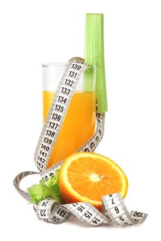 Orange juice celery and measuring tape isolated on white background weight loss dieting concept