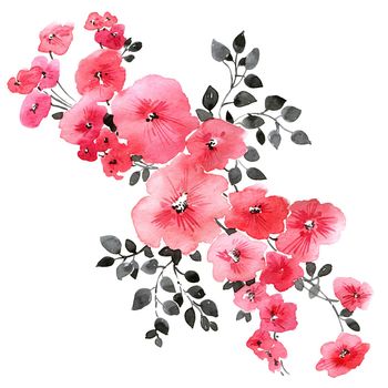 Watercolor illustration of pink flowers with leaves. Beautiful floral pattern on white background. Design for greeting card, invitation or cover.