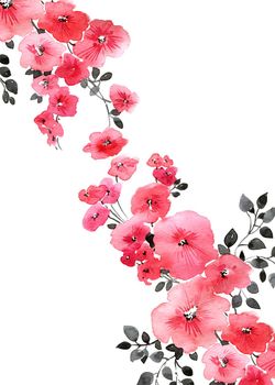 Watercolor illustration of pink flowers with leaves. Beautiful floral pattern on white background. Design for greeting card, invitation or cover.
