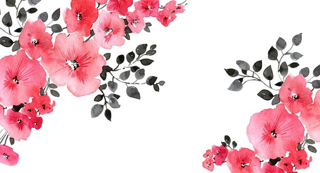 Watercolor illustration of pink flowers with leaves. Beautiful floral pattern on white background. Design for greeting card, invitation or cover.