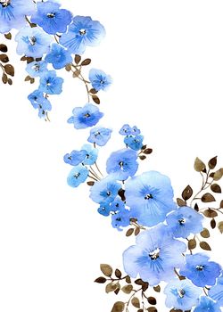 Watercolor illustration of blue flowers with leaves. Beautiful floral pattern on white background. Design for greeting card, invitation or cover.