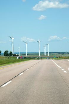 July 26, 2019: Amherst, Nova Scotia - The community wind farm or turbines in Amherst Nova Scotia on a summer day